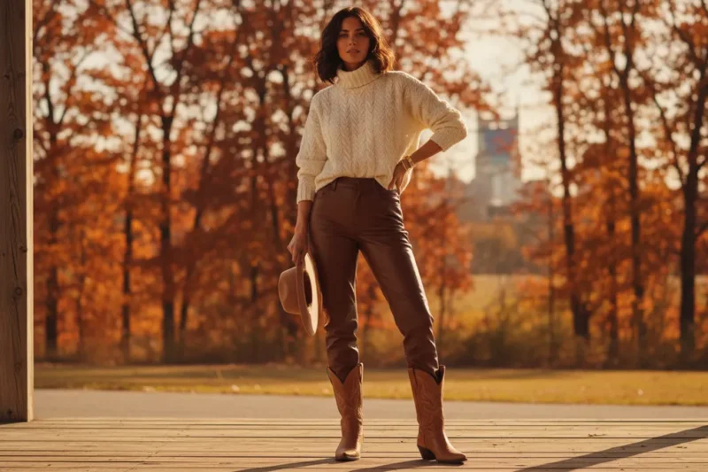 Woman styling matte brown leather pants with cream knit sweater and tan cowboy boots in autumn golden hour lighting