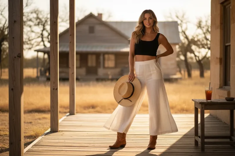 Woman posing on a wooden porch at sunset, wearing a black crop top, wide white pants, brown boots, and holding a straw hat by her side with a rustic house in the background.