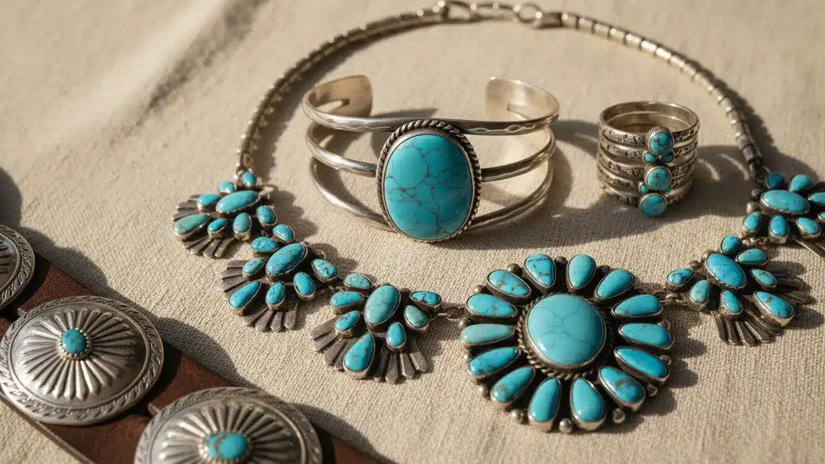 Turquoise and silver jewelry set on beige fabric: large turquoise-stone necklace with multiple turquoise accents, a matching ring, and stacked turquoise bracelets.