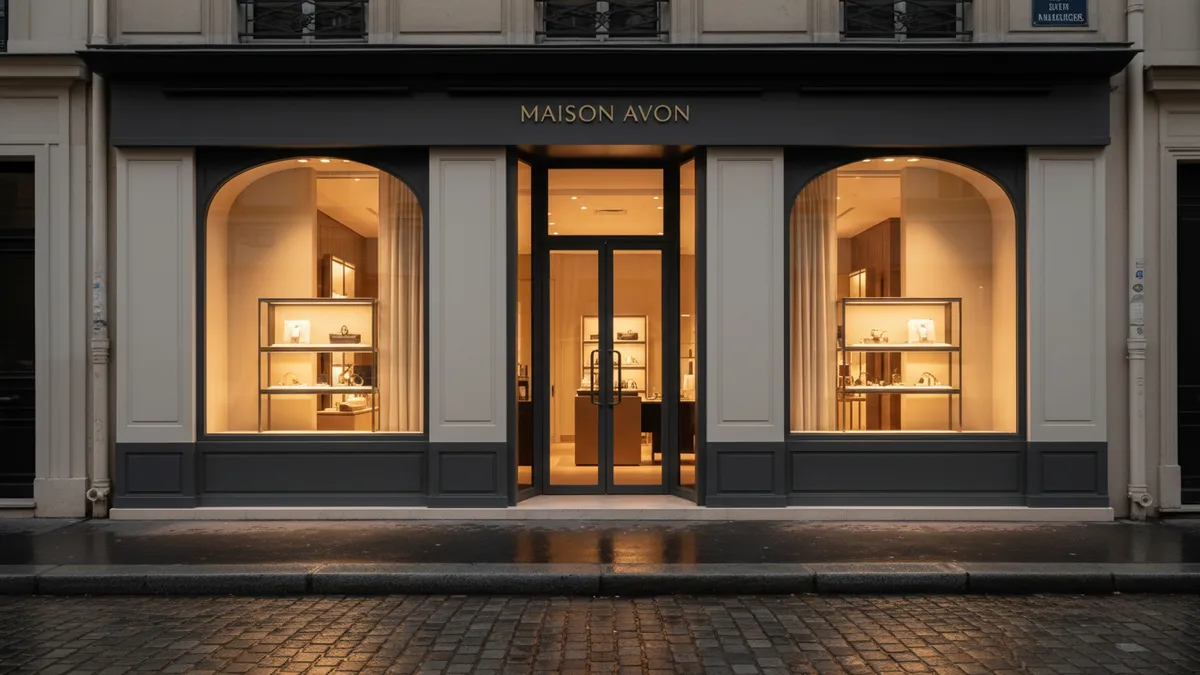 Parisian luxury fashion boutique storefront at dusk, representing Isabel Marant's new CEO appointment for 2026