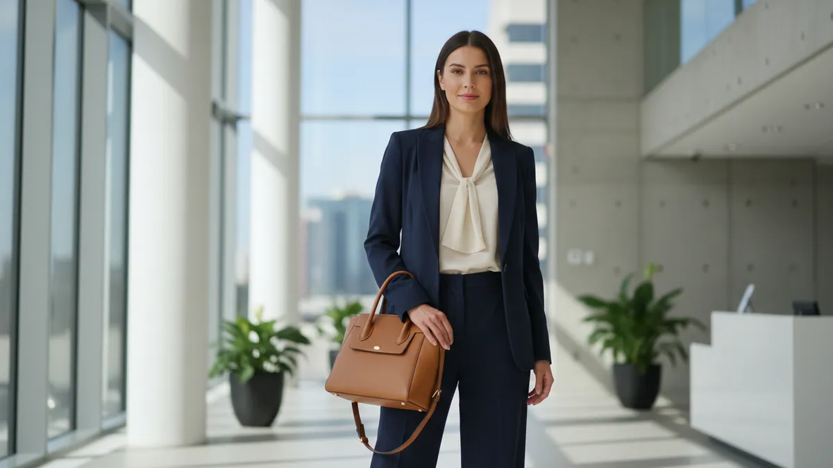 Professional woman in a navy suit holding a tan handbag in a bright office lobby