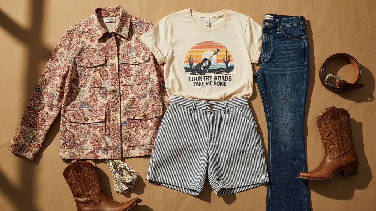 Western-inspired denim collection flat-lay featuring bootcut jeans, paisley utility jacket, hickory-stripe carpenter shorts and graphic tees on tan studio backdrop