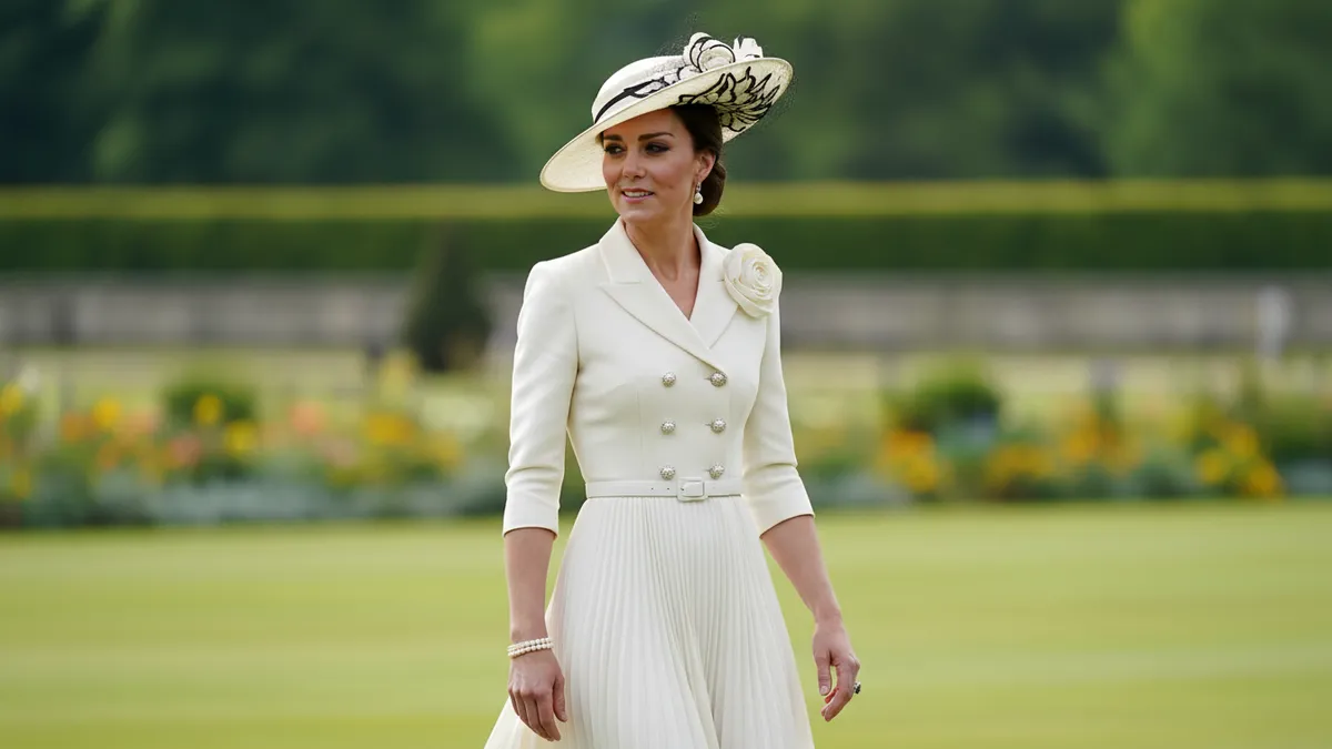 Kate Middleton wearing a cream Self-Portrait 3D floral midi dress and vintage Mitzi Lorenz hat at the Buckingham Palace garden party May 9 2026