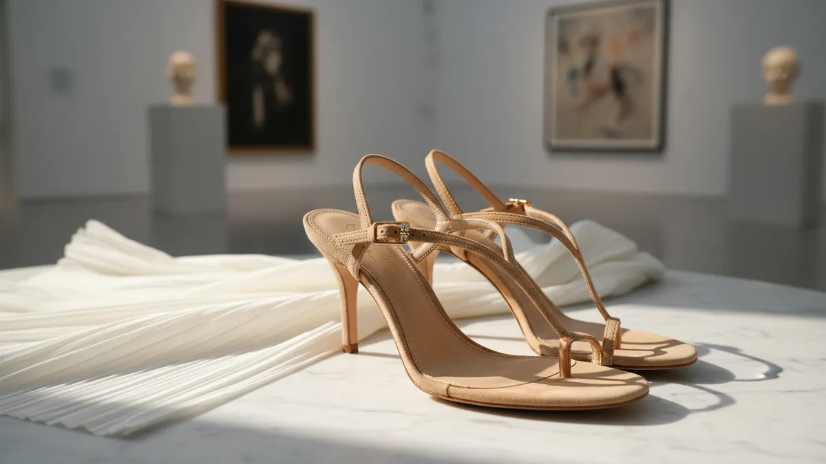 Beige Herbert Levine Kiss and Tell suede thong sandals with cone stiletto heel, worn by Katie Holmes at the ABT Spring Gala 2026