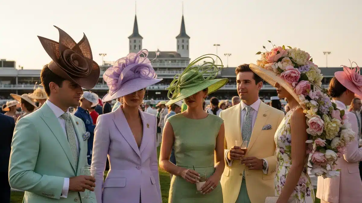 Kentucky Derby 2026 attendees at Churchill Downs wearing chocolate brown and floral statement hats during the 152nd race
