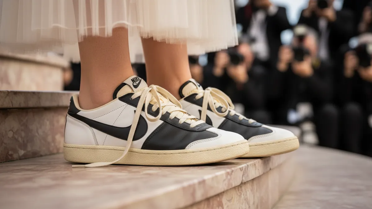 Vintage circa-1988 black and white Nike saddle shoes worn by Kristen Stewart with sheer Chanel haute couture at the Full Phil photocall during the 79th Cannes Film Festival on May 17, 2026