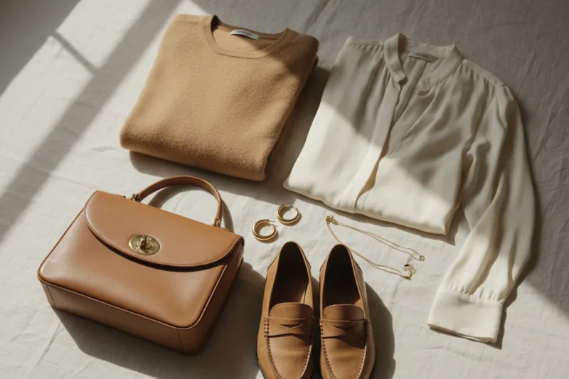 Flat lay of camel sweater, ivory blouse, tan handbag, loafers, and gold jewelry on a light surface.
