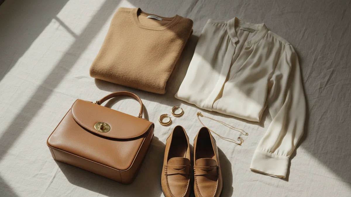 Flat-lay of quiet luxury wardrobe essentials in neutral camel and ivory tones showing how to look expensive on a budget