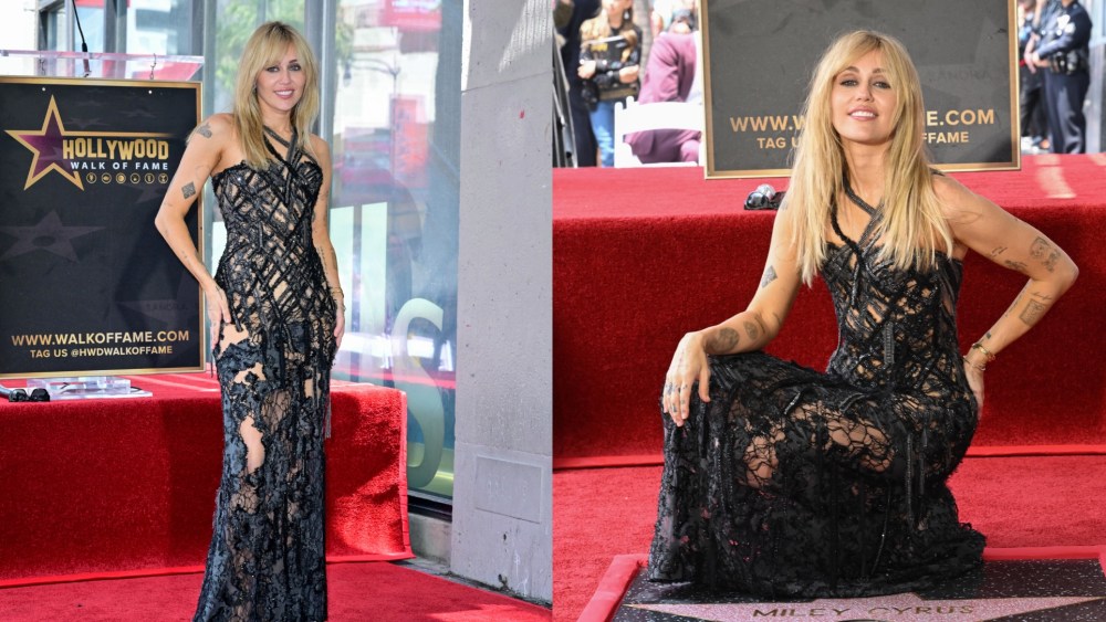Miley Cyrus wears an archival black Versace lace gown personally selected by Donatella Versace at her Hollywood Walk of Fame ceremony on May 22, 2026.