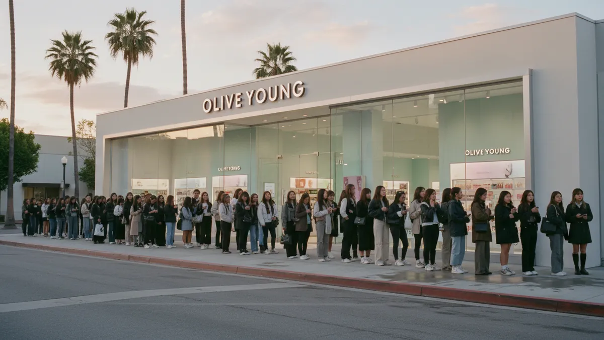 Exterior of the new Olive Young flagship store on Colorado Boulevard in Pasadena, California, marking the K-beauty retailer's first U.S. location, May 29, 2026.