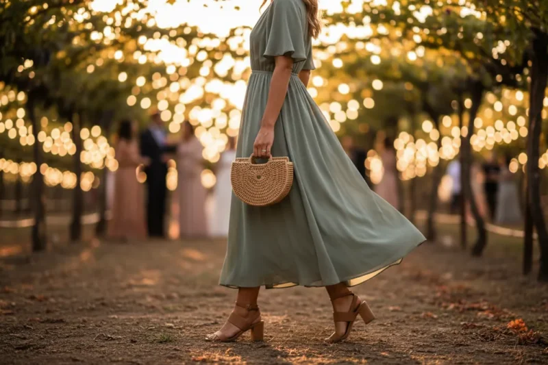 Woman in a light green maxi dress walks with a round woven handbag along a festively lit outdoor path at dusk.