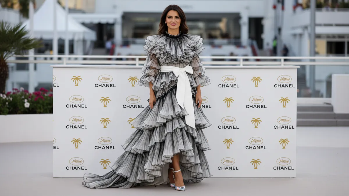 Penélope Cruz in a black-and-white Chanel Resort 2027 ruffled dress and cap-toe ankle-strap pumps at the Cannes 2026 La Bola Negra photo call
