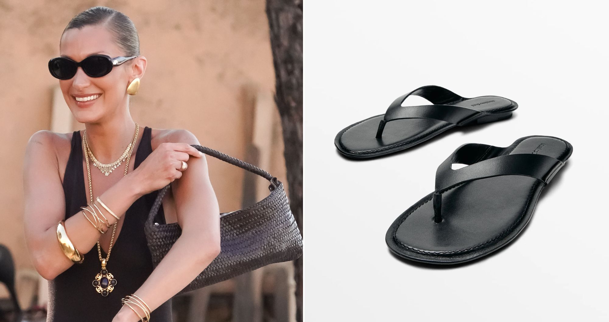 Bella Hadid wears black Massimo Dutti flat leather thong sandals with a black midi dress in Saint-Tropez, May 24, 2026