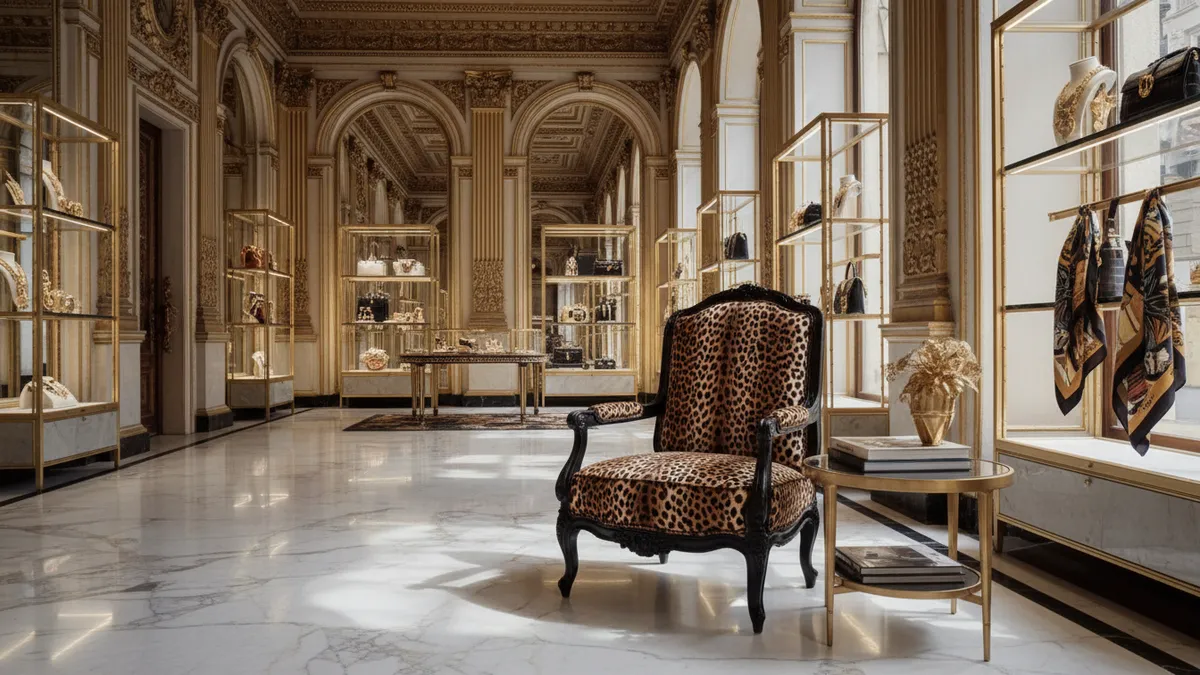 Luxury Italian boutique interior with animal-print accents representing the Roberto Cavalli Marquee Brands acquisition closing in Q2 2026