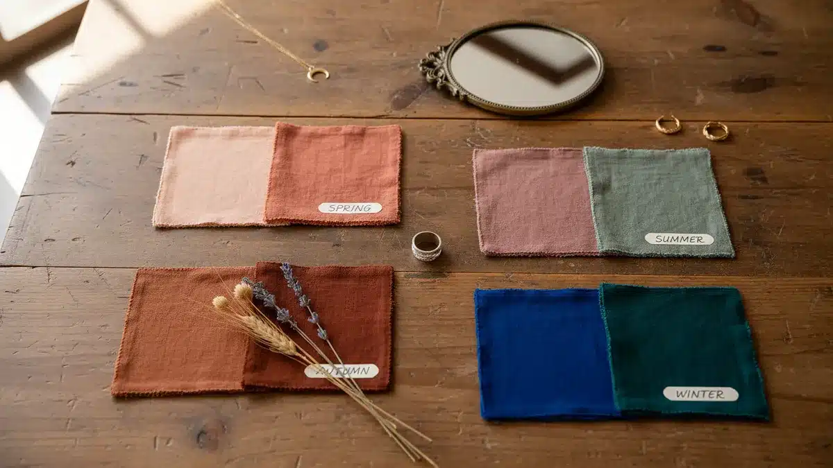Color swatches labeled Spring, Summer, Autumn, and Winter arranged on a wooden tabletop with a mirror and jewelry nearby.
