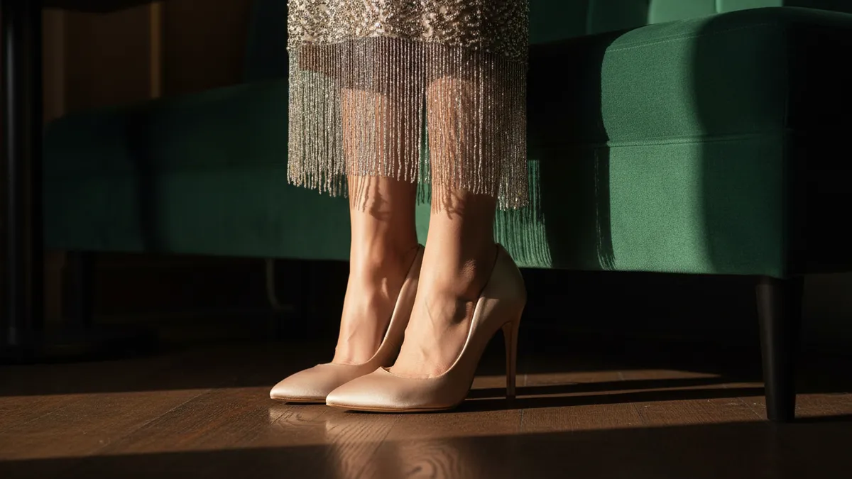 Blush satin stiletto pumps paired with a metallic beaded fringe dress, illustrating the 2026 satin heels trend popularized by Selena Gomez in London.