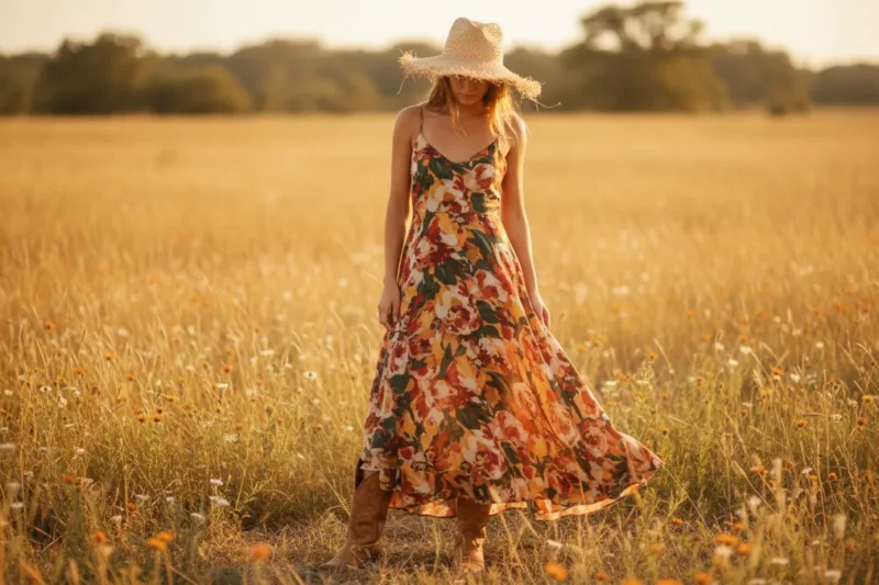 Woman wearing a floral spaghetti strap maxi dress with cowboy boots and wide-brim hat in a sunny field