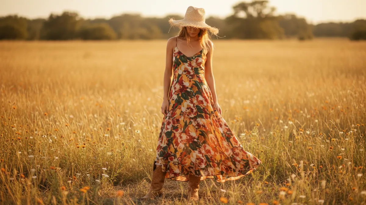 Woman wearing a floral spaghetti strap maxi dress with cowboy boots and wide-brim hat in a sunny field