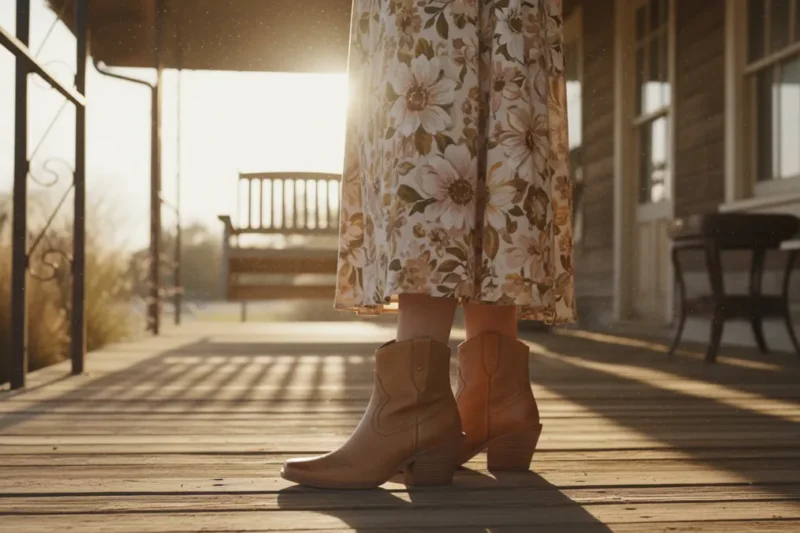 Person wearing a floral dress and tan ankle boots stands on a sunlit wooden porch.