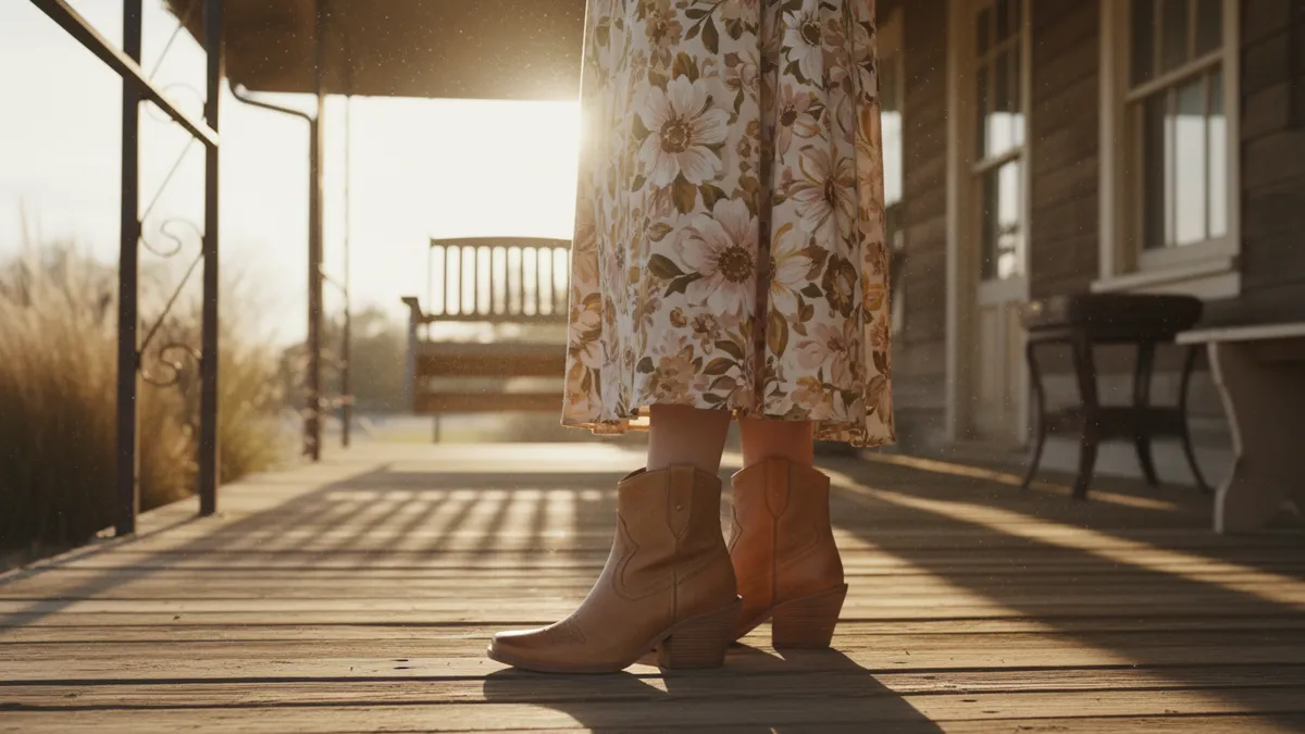 Woman wearing a floral midi dress with tan square toe ankle boots on a Texas ranch porch at golden hour