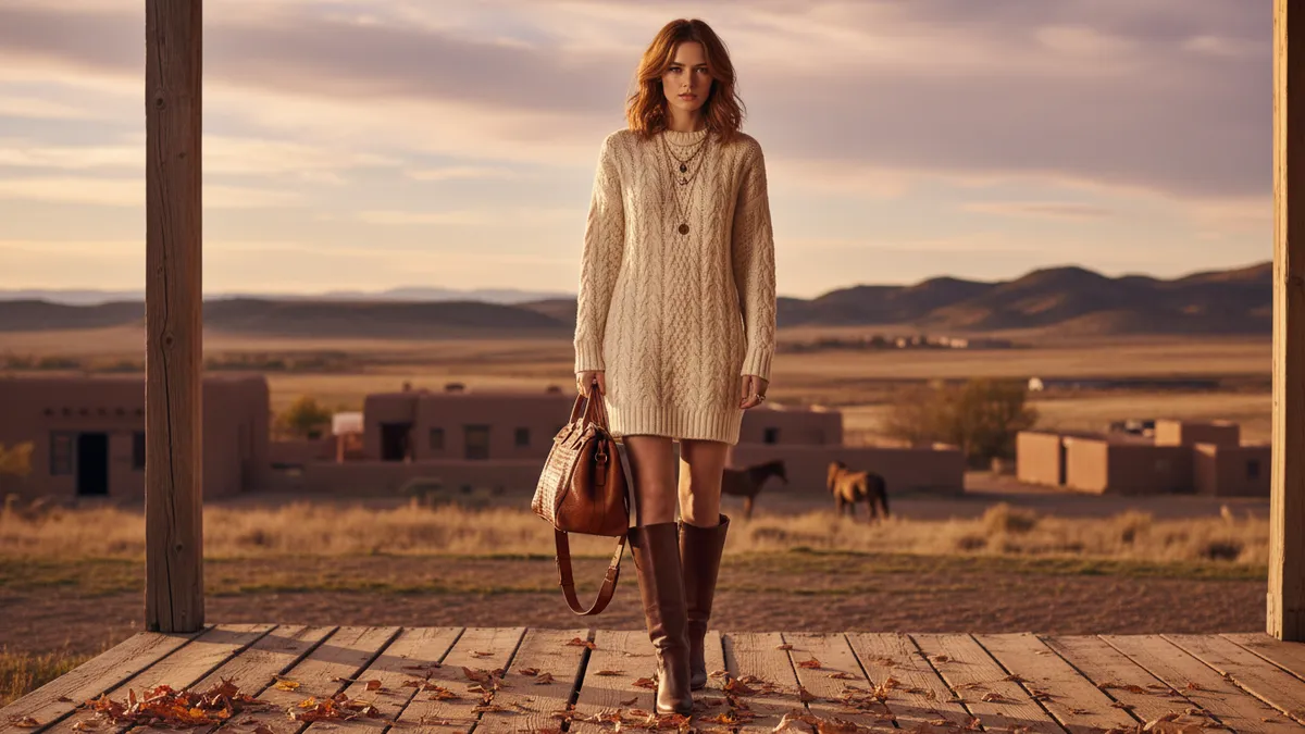 Woman wearing a cream cable knit sweater dress with tall brown leather boots on a ranch porch in autumn