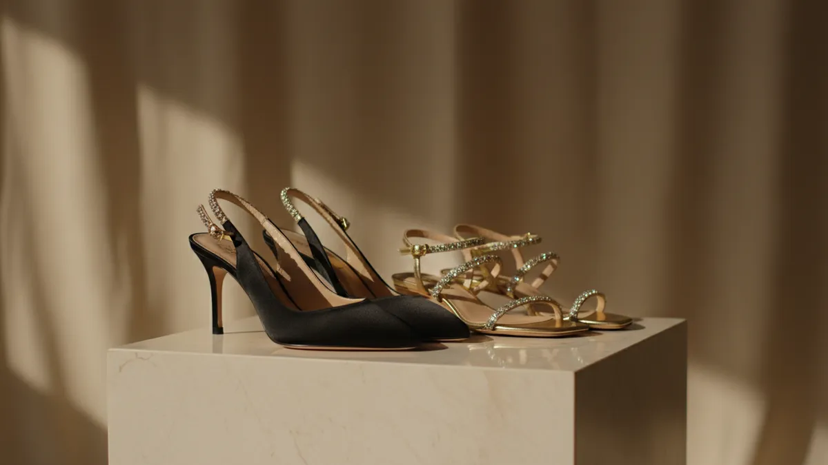 Temperley London x Giuseppe Zanotti 25th anniversary footwear capsule — black satin crystal slingbacks and gold strappy sandals