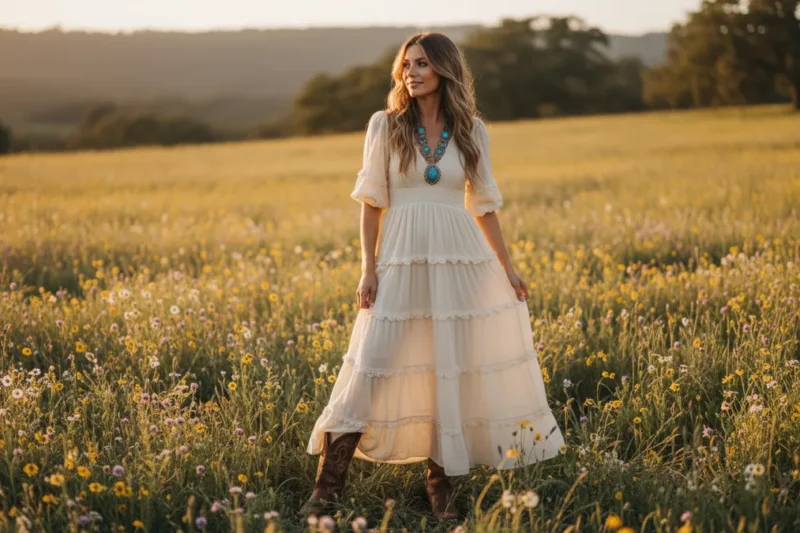 Woman in a white tiered dress stands in a sunlit meadow of wildflowers at golden hour.