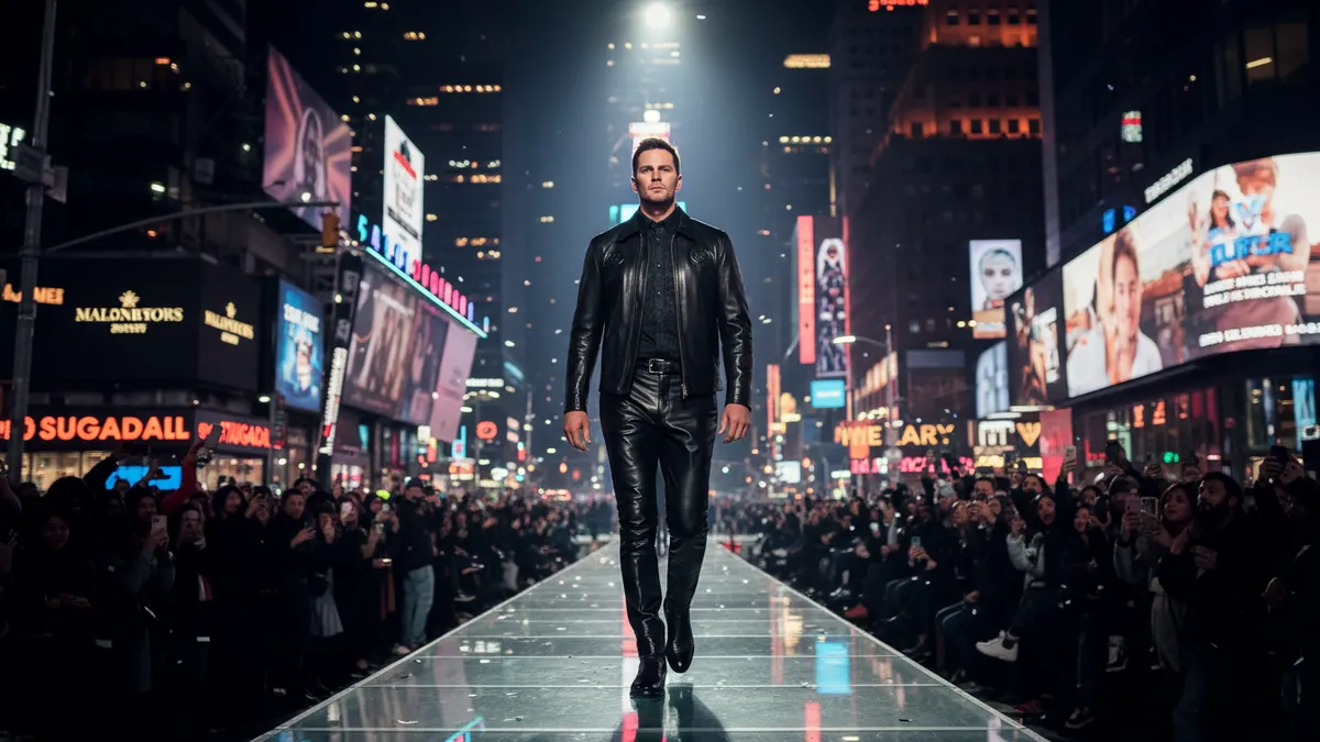 Tom Brady walking the Gucci Cruise 2027 runway in Times Square in head-to-toe black leather, May 17 2026.