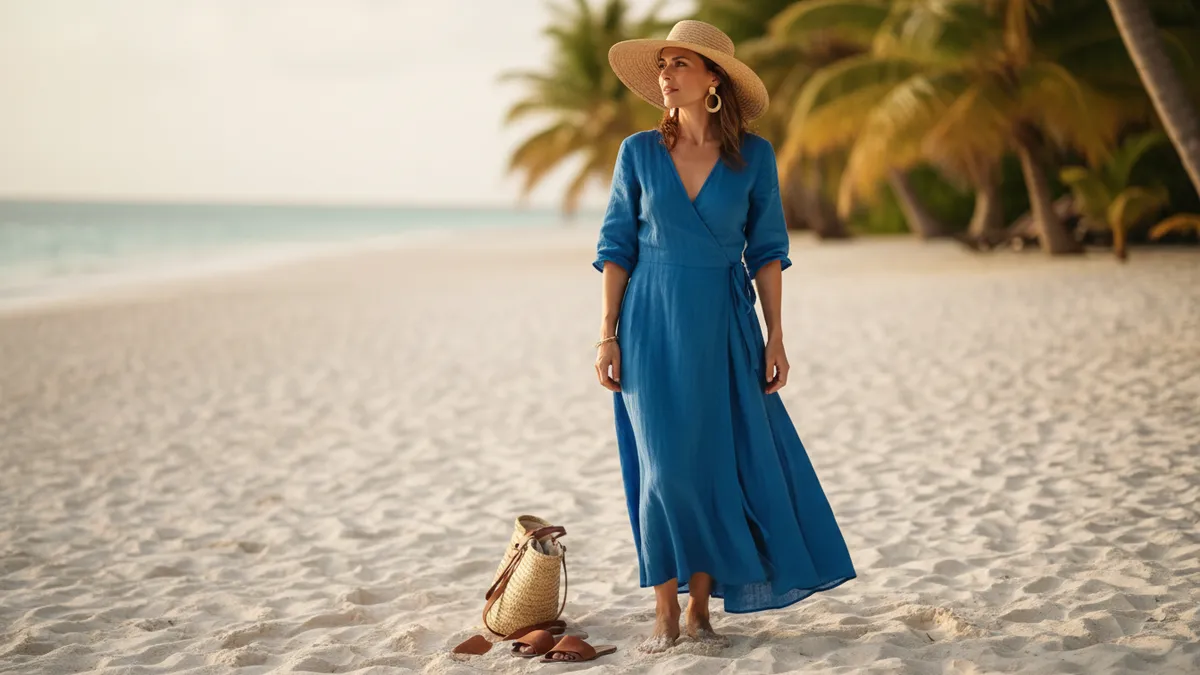 Woman in a blue wrap dress walks barefoot on a sandy beach with a straw hat, palm trees in the background.
