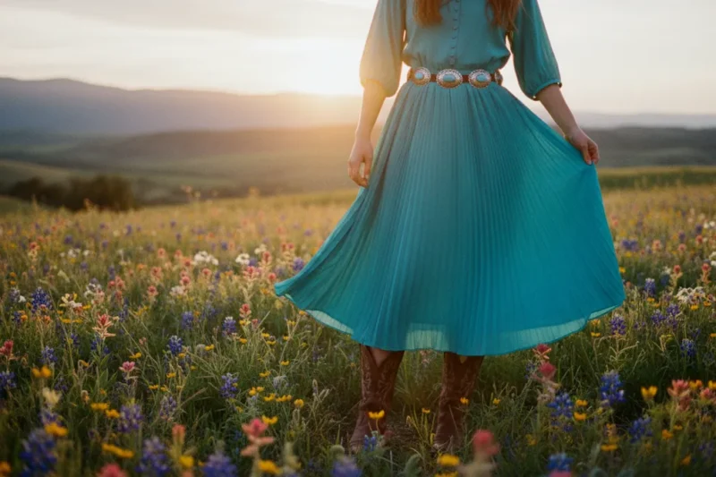 A person wearing a turquoise pleated dress and decorative belt stands in a sunlit wildflower field at sunset, boots visible beneath the skirt.