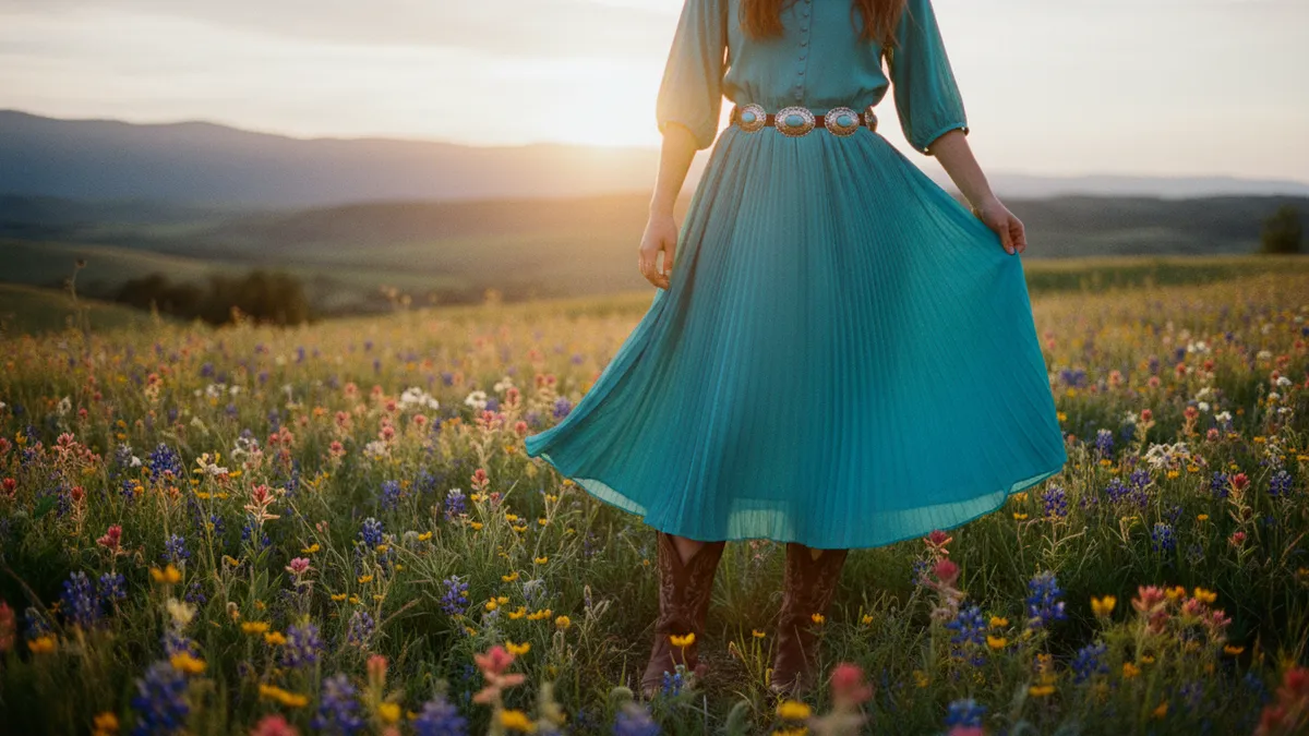 Woman in a turquoise midi dress styled with brown leather cowboy boots and silver concho belt in a sunlit Texas ranch setting