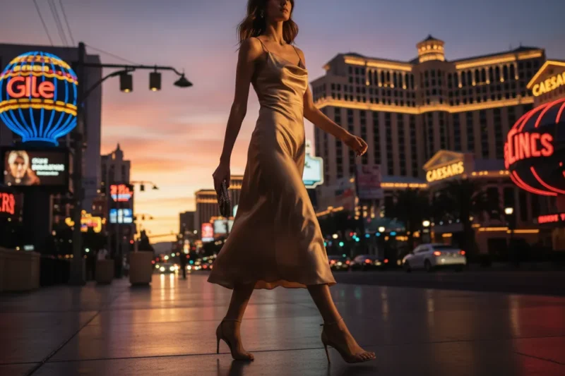 Woman in champagne satin midi dress walking the Las Vegas Strip at golden hour with neon casino lights in the background.