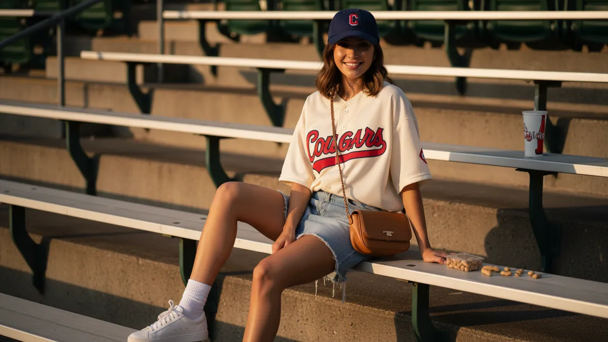 Woman wearing a cute baseball game outfit with denim skirt, vintage jersey, and white sneakers sitting in stadium bleachers