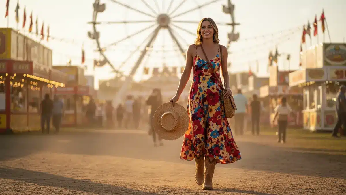 Woman in a colorful floral dress walking at a sunny fair, holding a hat and crossbody bag with a Ferris wheel in the background.