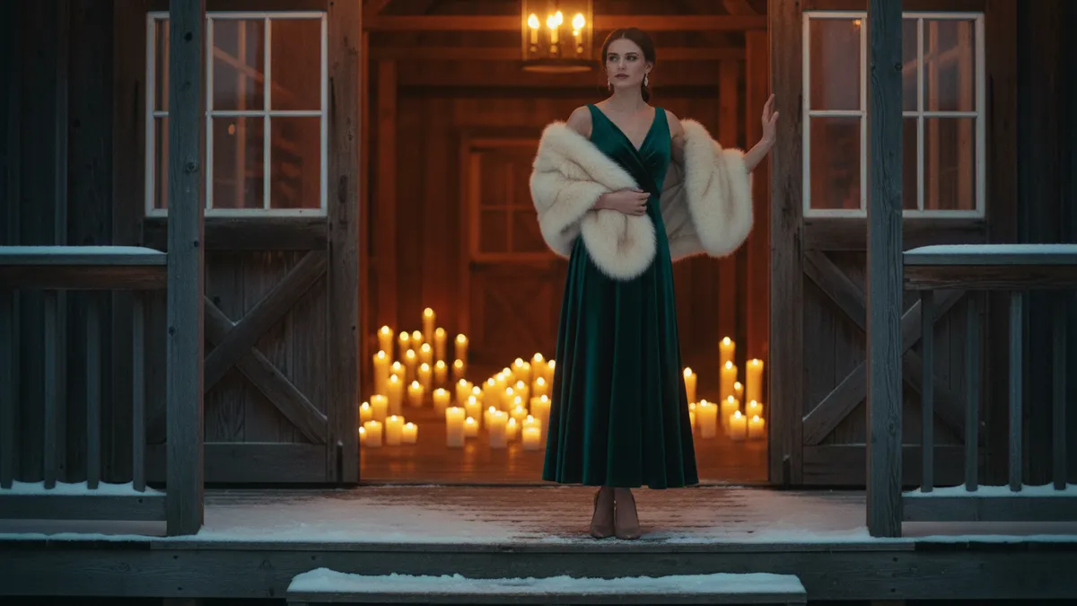 Woman in an emerald green velvet gown and white fur stole stands on a snow-dusted wooden porch, candlelight glowing behind her in a rustic cabin setting.