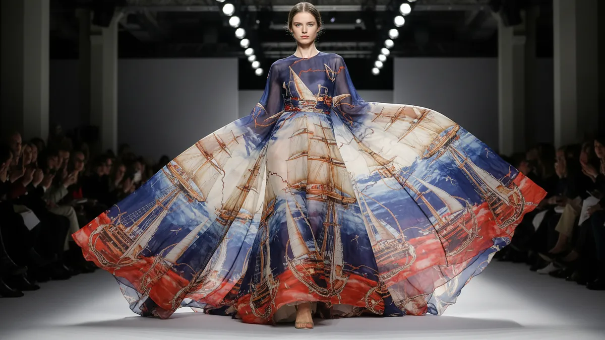 Zimmermann Resort 2027 'The Clash' runway look featuring sail-print silk chiffon dress in nautical palette