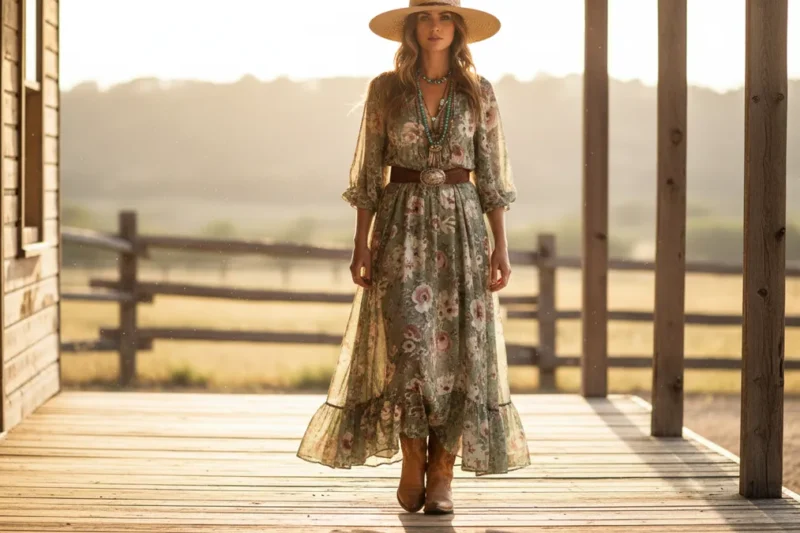 Woman wearing a watercolor floral Anthropologie boho maxi dress with cowboy boots and a western belt on a summer ranch porch