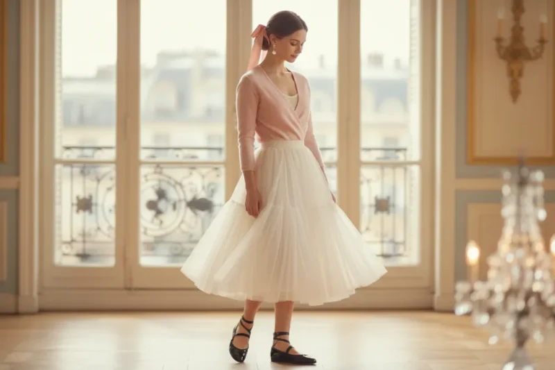 Woman wearing blush wrap cardigan, cream bodysuit, ivory tulle midi skirt and ballet flats in soft morning light - ballet core outfit inspiration for women