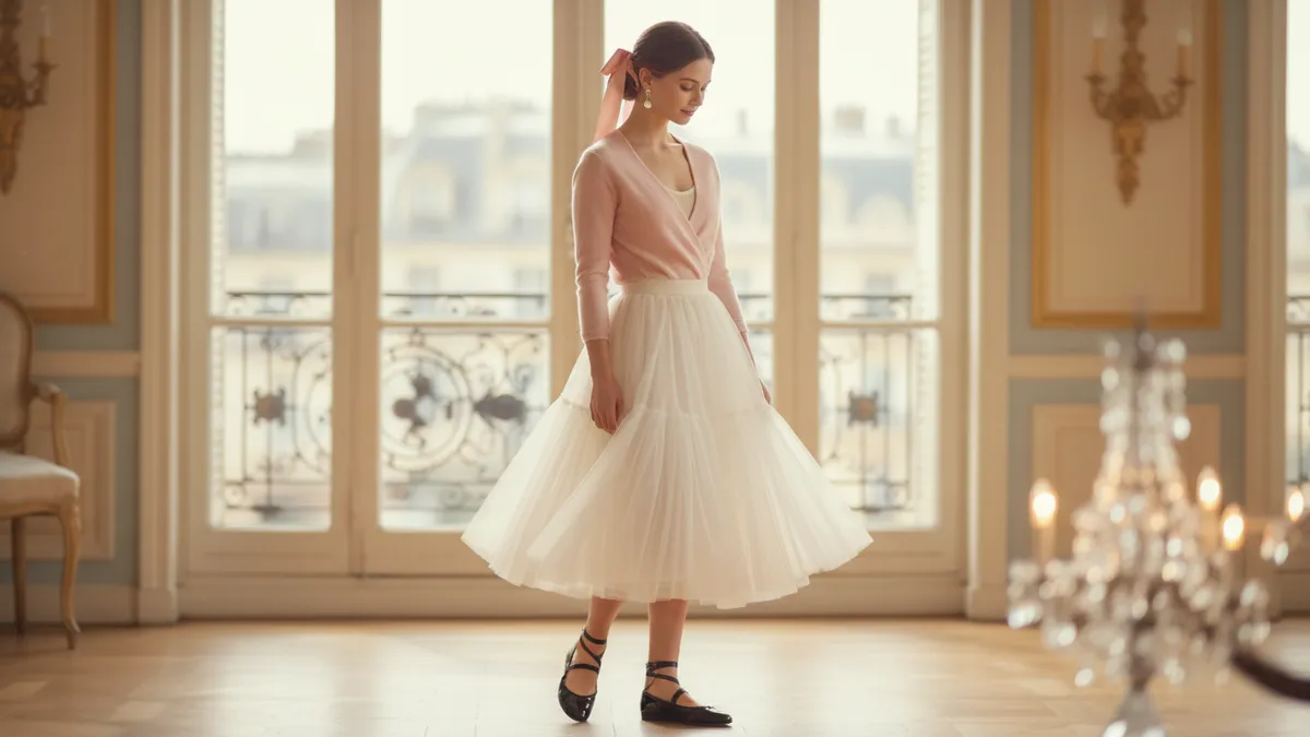Woman wearing blush wrap cardigan, cream bodysuit, ivory tulle midi skirt and ballet flats in soft morning light - ballet core outfit inspiration for women
