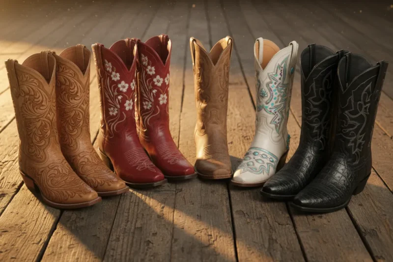 Lineup of six cowboy boots in tan, red, brown, white with turquoise embroidery, and black on a wooden deck surface.