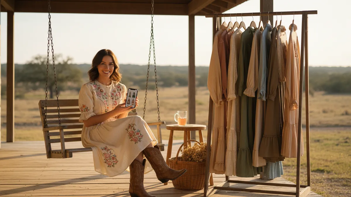 Woman using a sustainable fashion app on her phone while sitting near a rack of vintage western dresses on a ranch porch