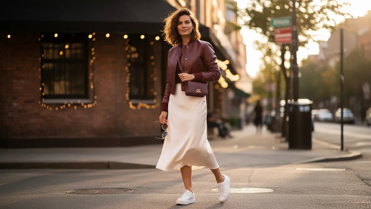 Woman styling a burgundy leather bomber jacket outfit with a satin midi skirt and sneakers on a city street