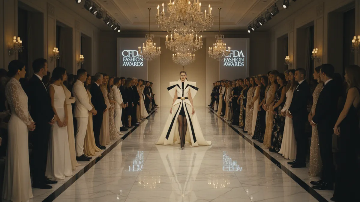 CFDA/Vogue Fashion Fund 2026 finalists gala scene in New York with emerging American designer evening look on runway