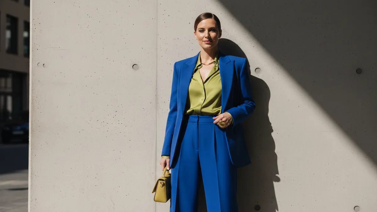 Woman wearing a cobalt blue blazer and chartreuse top demonstrating bold color blocking outfits for women