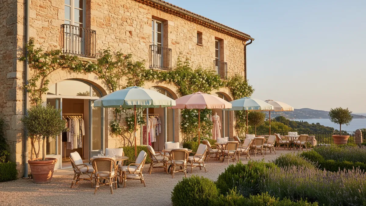 Dior Saint-Tropez boutique exterior with garden café featuring pastel parasols and rattan seating, June 2026 reopening