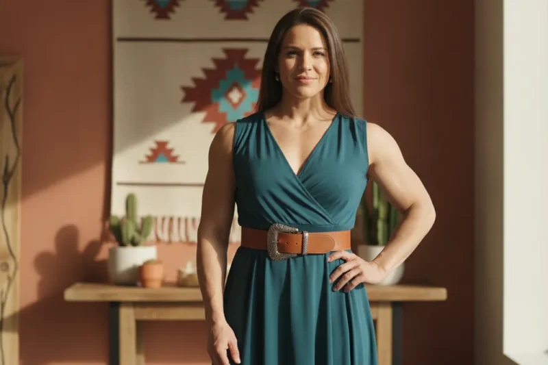 Woman with an athletic body type wearing a wrap dress and wide belt that creates a defined waist