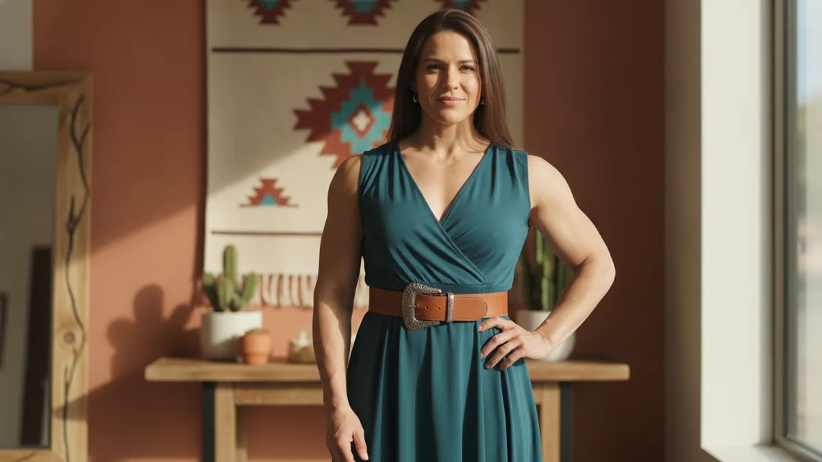 Woman with an athletic body type wearing a wrap dress and wide belt that creates a defined waist