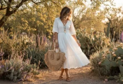 Woman wearing a white eyelet midi dress with tan sandals and a straw tote bag in a sunlit summer garden