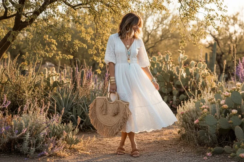 Woman wearing a white eyelet midi dress with tan sandals and a straw tote bag in a sunlit summer garden