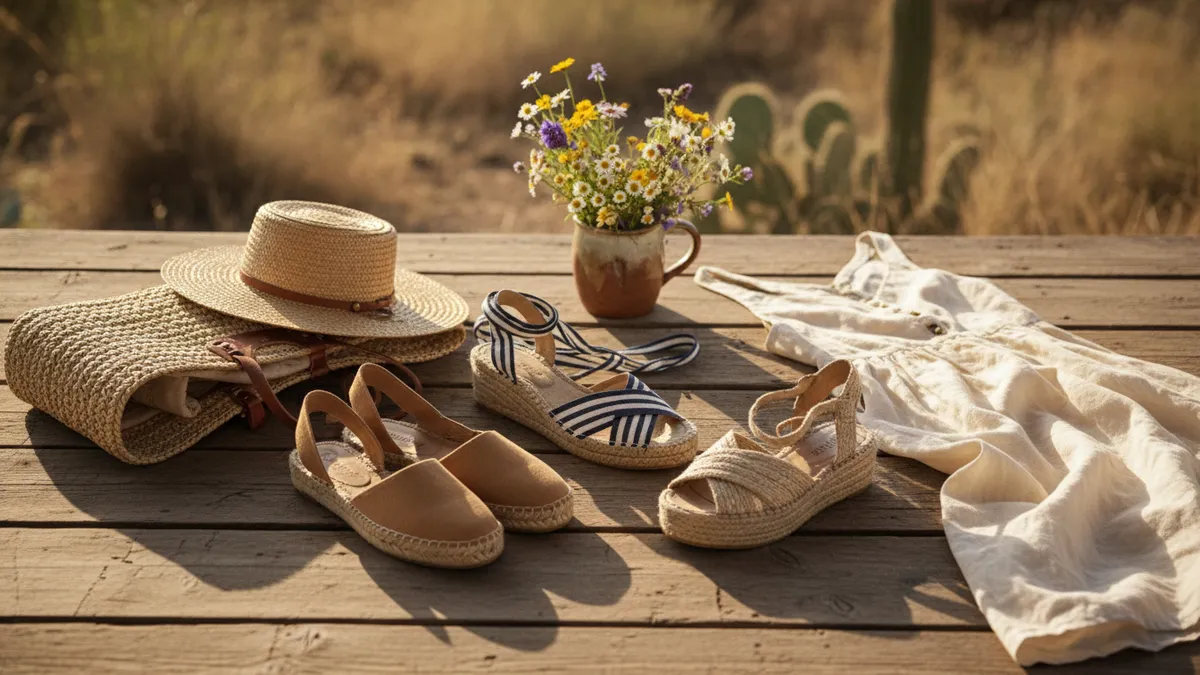 Three styles of women's espadrilles arranged on a wooden porch with a straw tote and linen sundress, demonstrating how to wear espadrilles in summer 2026